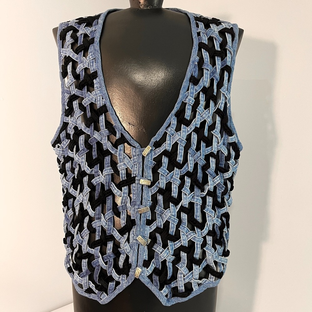 new directions Black and Light Blue Woven Openwork Vest